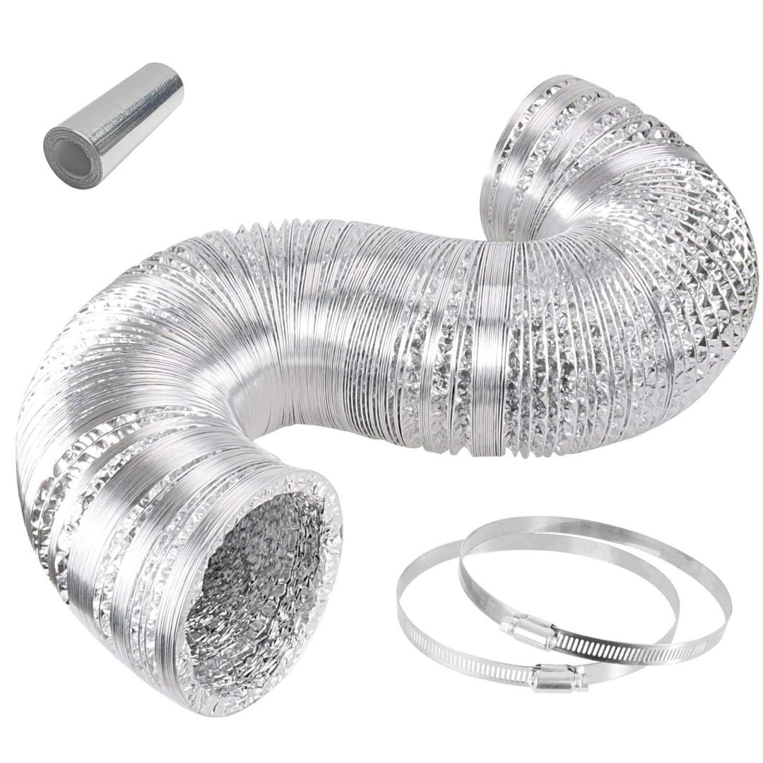 HealSmart Dryer Vent Hose 4 inch 8 feet Flexible Aluminum Foil Ducting with 2 Clamps for HVAC Ventilation, Non-Insulated, Silver