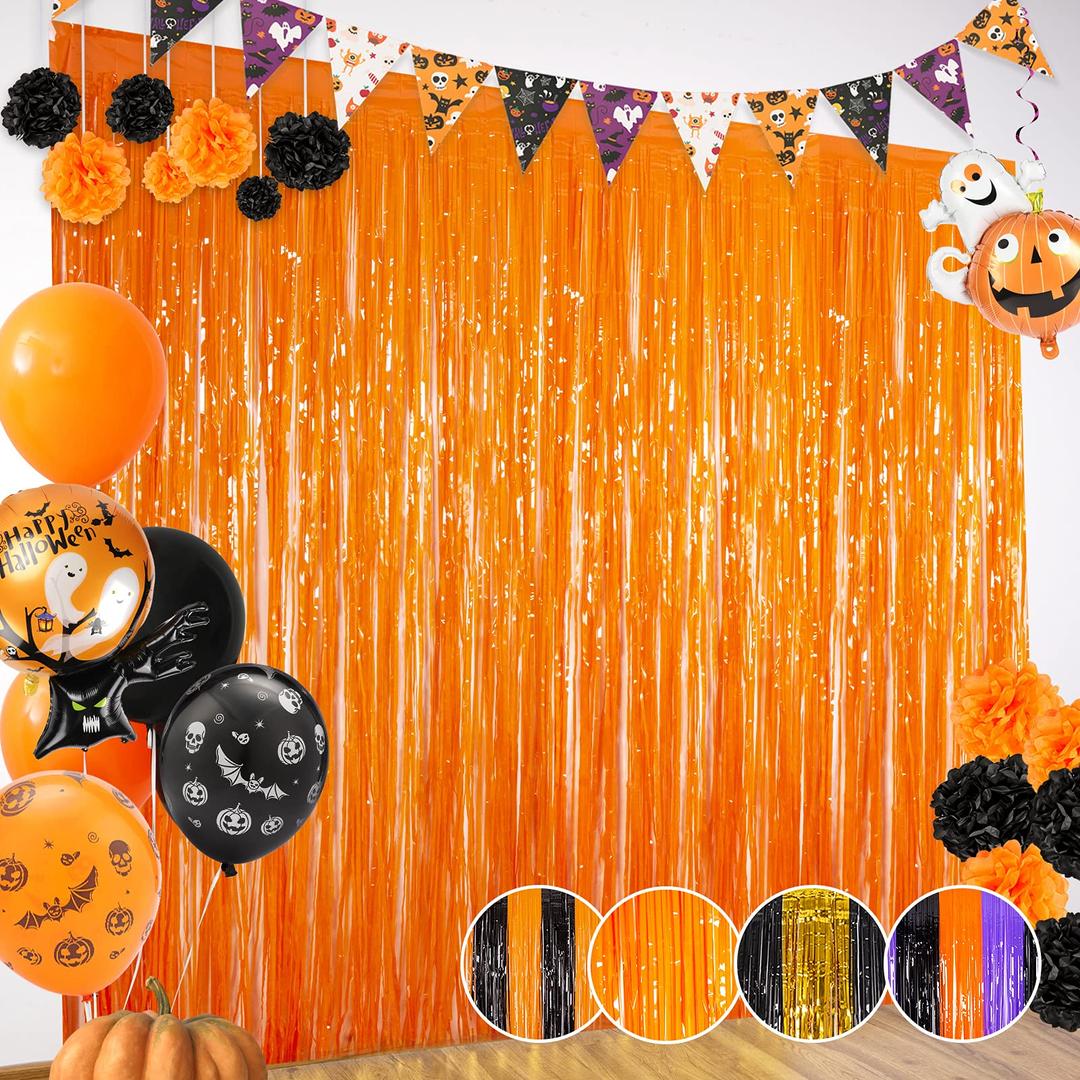 LOLStar Halloween Party Decoration, 3 Pack Orange Photo Booth Props, 3.3 X 6.6 ft Halloween Foil Fringe Curtains, Halloween Party Photo Backdrop, Halloween Streamers for Halloween Party Supplies