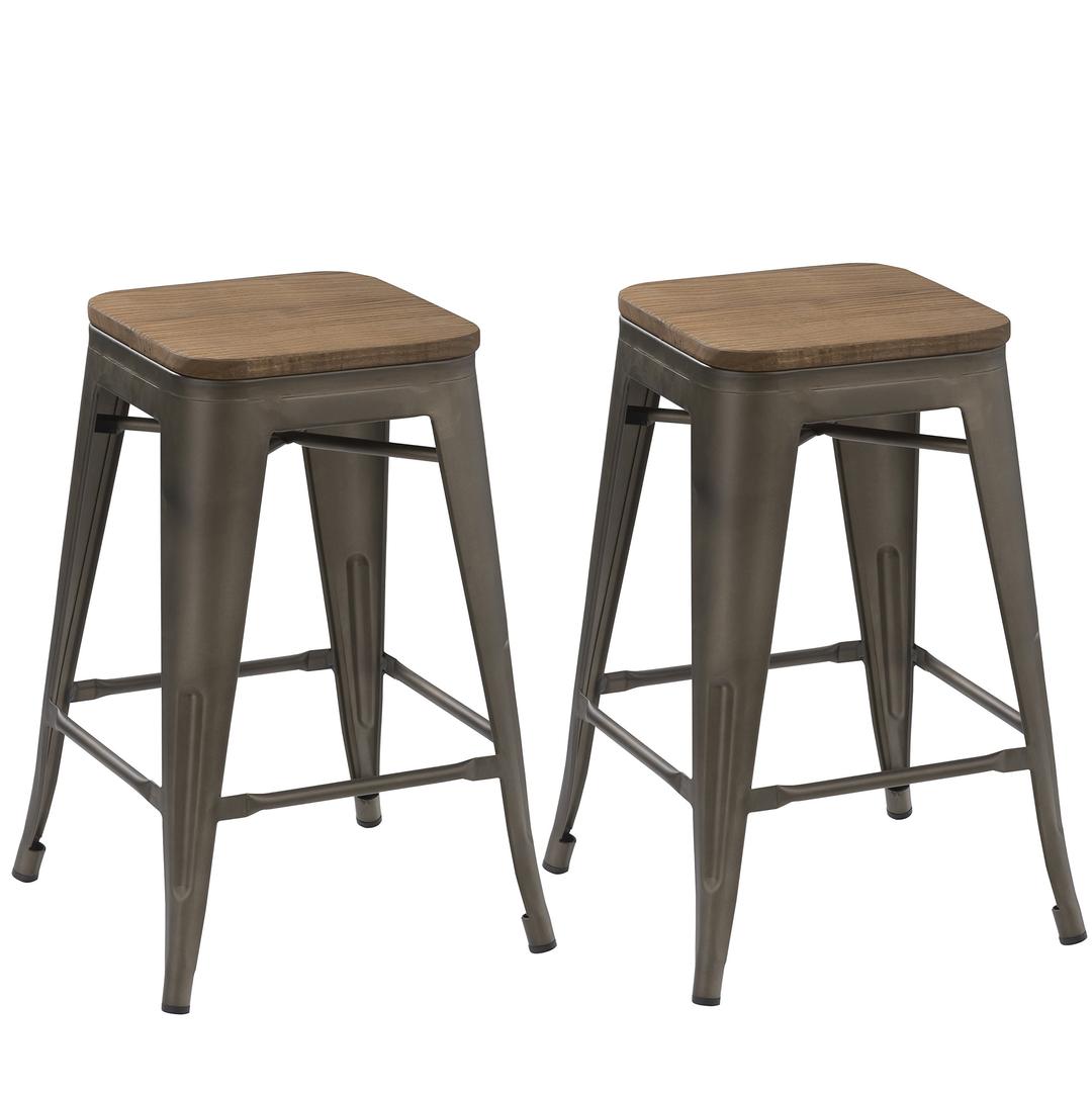 BTEXPERT 24-inch Industrial Antique Copper Distressed Metal Stackable Tabouret Dining Modern Steel Bar stools Handmade Wood top seat (Set of Two Bar stools)