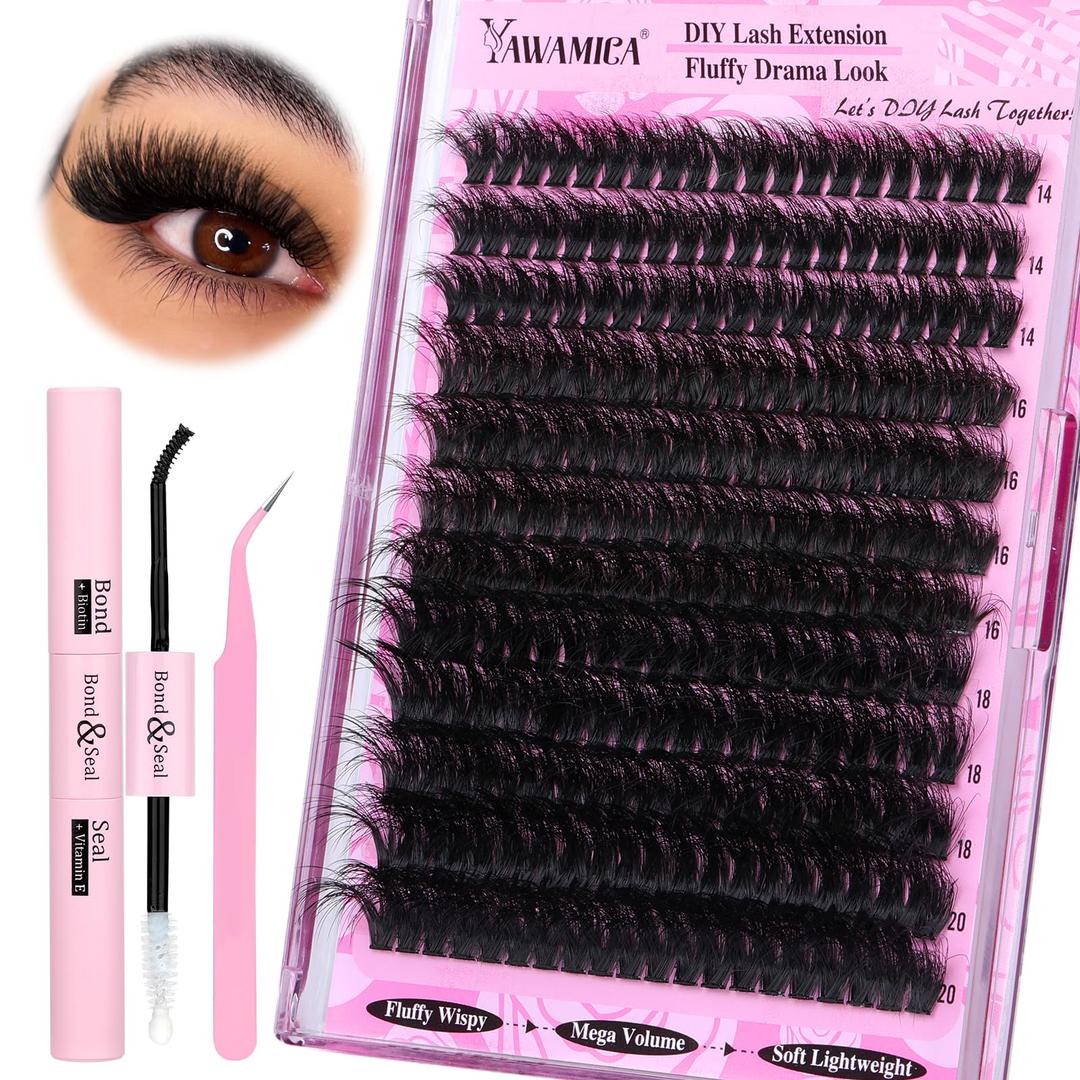 Yawamica Fluffy Lash Extension Kit Thick 200D Volume Eyelash Extension Kit 14-20mm Wispy Lash Clusters Kit D Curl Individual Lashes with Bond and Seal and lash Tweezers DIY Cluster Eyelash Extensions