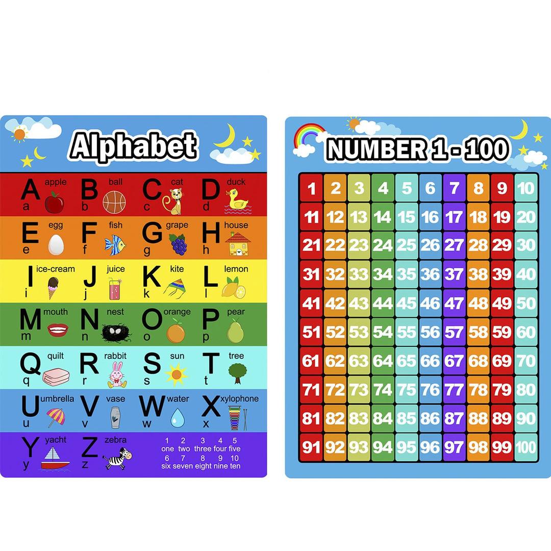 2 Pieces Numbers Chart 1 100 and Alphabet Letters Chart, ABC Chart Educational Posters Preschool Learning Posters for Kids and Toddlers