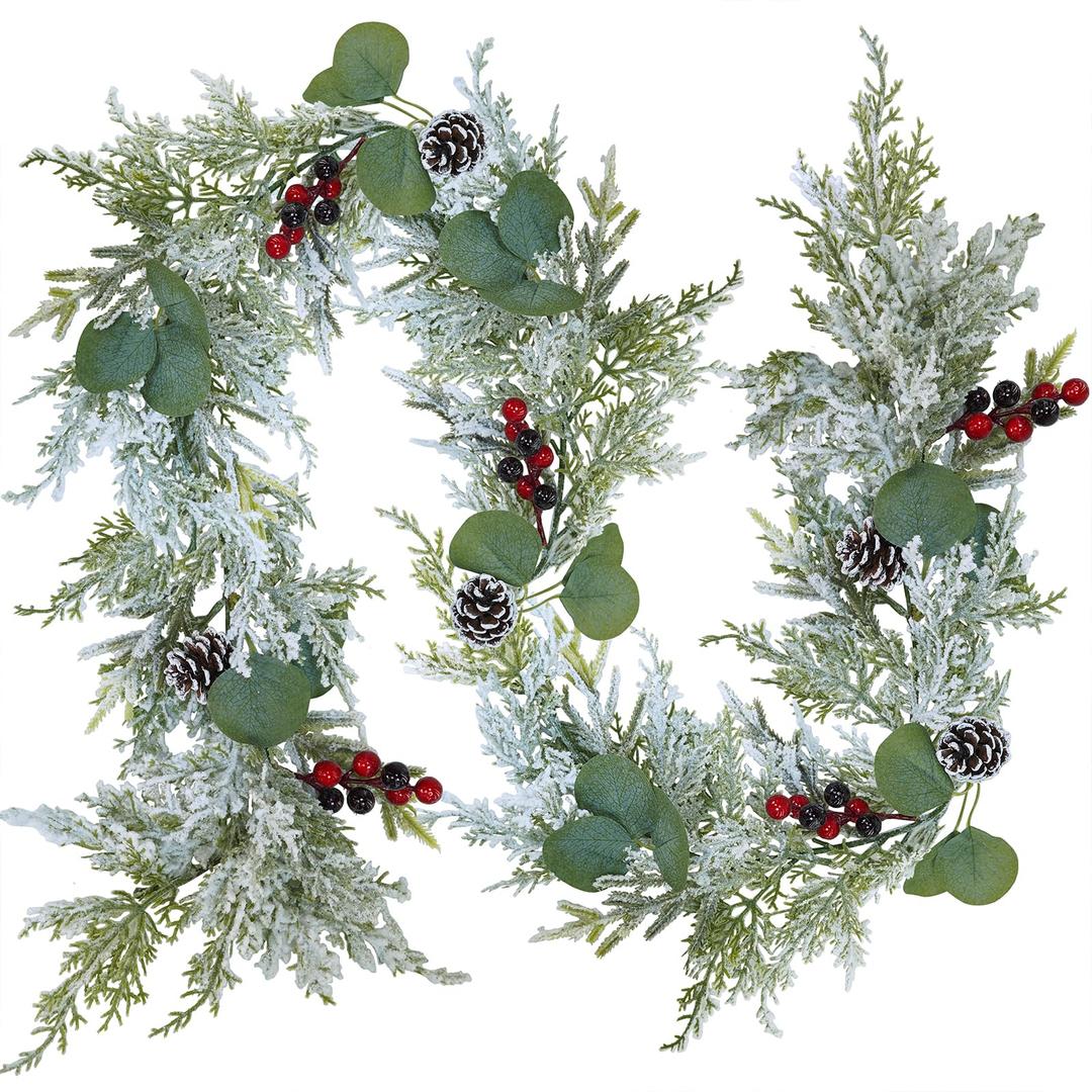 Winlyn 6' Christmas Artificial Snowy Cedar Garland Frosted Pine Garland with Pine Cones Red Berries Winter Greenery Garland Christmas Winter Wedding Table Runner Centerpiece Mantel Holiday Home Decor