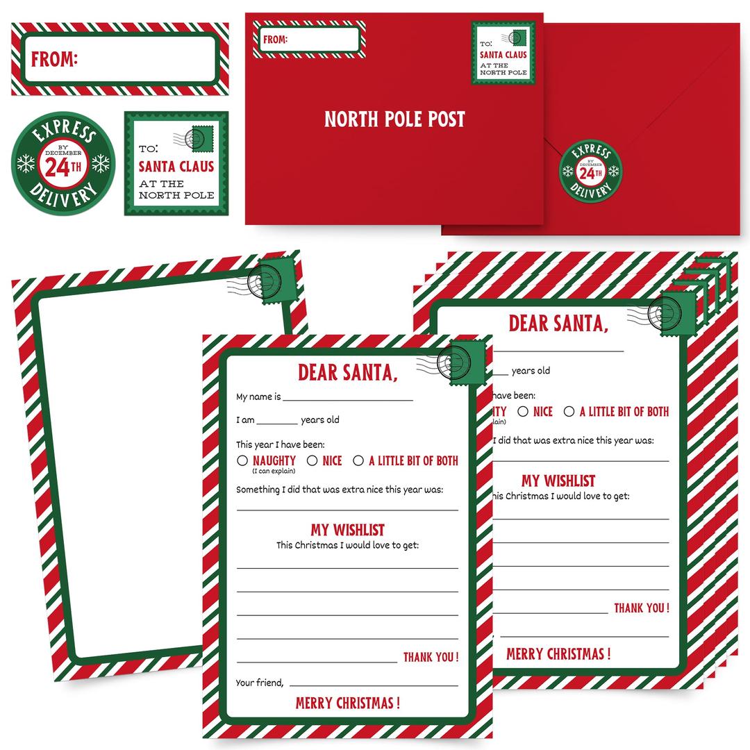 Letters To Santa - 10 Pack - Red & Green Letters To Santa Kit - Large Double Sided 5.75" x 8" Official Letters To Santa + Envelopes & Stickers - Fill In The Blank Wish List For Kids - Set of 10