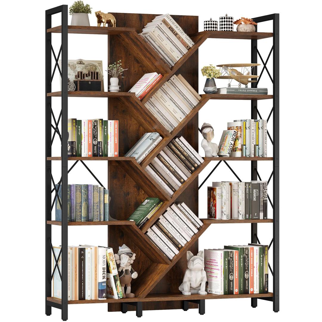 YITAHOME Industrial Tree Bookshelf, Large 5 Tier Bookcase Tall Standing Book Shelves Organizer Display Rack for Bedroom Living Room Office, Rustic Brown