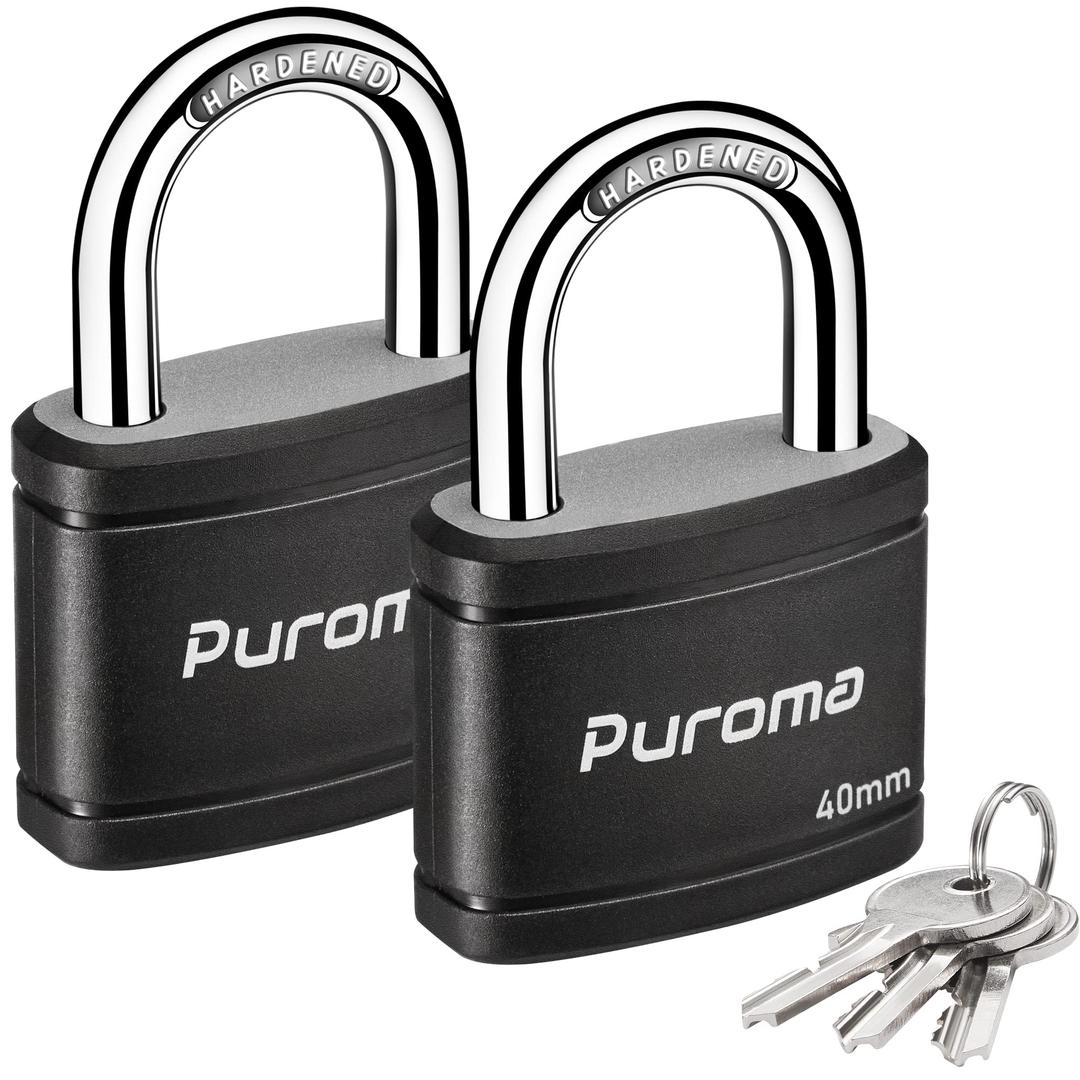 Puroma 2 Pack Keyed Padlock with 3 Keys Alike, 1.1 Inch Locker Lock 40mm Heavy-Duty Locks for Gate Fence Hasp Cabinet Toolbox School Gym Locker (Black)