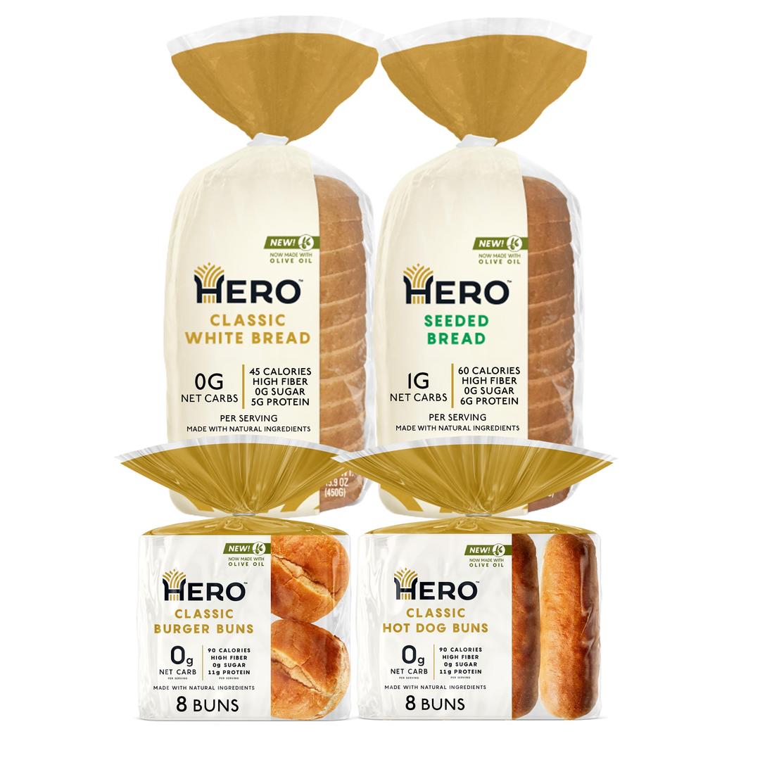 HeroBread Find Your Hero Bundle — 1g Net Carb Seeded Bread and 0g Net Carb White Bread, Hamburger Buns, & Hot Dog Buns | 0g Sugar, High Fiber, <100 Calories per serving | Net Low Carb & Keto-Friendly