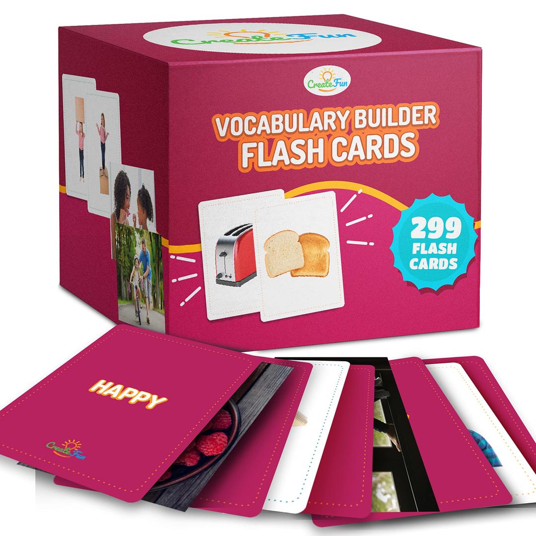 Vocabulary Builder Flash Cards - 299 Educational Photo Cards for Home, Speech Therapy Materials, ESL Teaching Materials - Emotions, Matching Go Togethers, Nouns, Opposites, Prepositions, Verbs