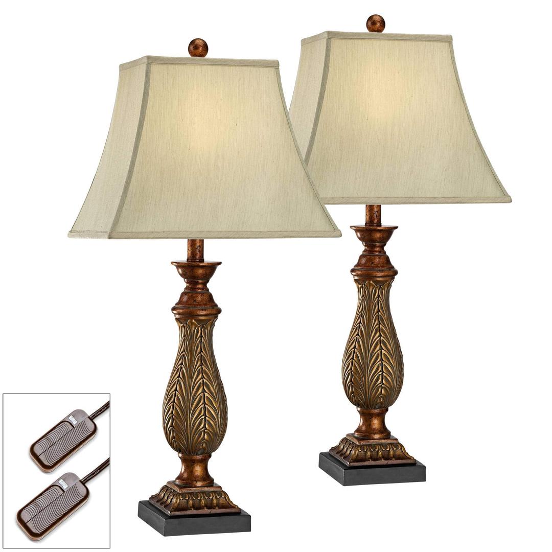 Regency Hill Traditional Table Lamps 29" Tall Set of 2 with Table Top Dimmers Two Tone Gold Leaf Linen Rectangular Bell Shade for Living Room Bedroom House Bedside Nightstand Home Office