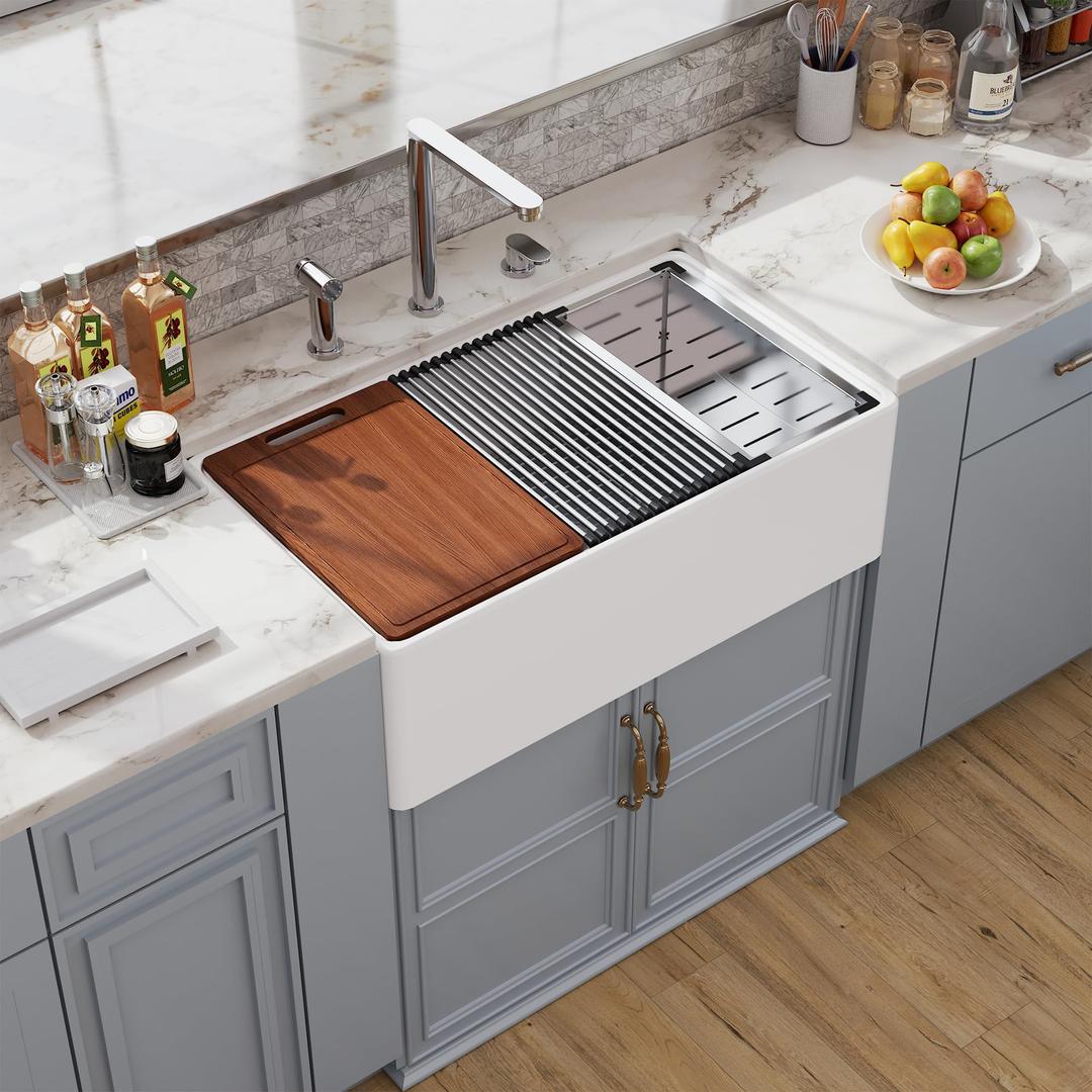 30 White Farmhouse Sink Workstation, Hugsleek Undermount Farm Kitchen Sink 30x20 inch Apron Front White Porcelain Ceramic Fireclay Sink Ledge Accessories Single Bowl Under Counter Farmer Sinks Basin