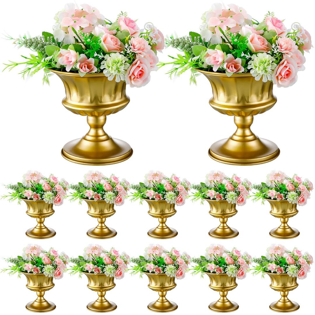 12 Pcs Vases for Centerpieces Metal Compote Vase Urn for Flowers Small Pedestal Vase Trumpet Vase for Wedding Table Reception Birthday Anniversary Ceremony Home Decor, 5.91 Inch (Gold)