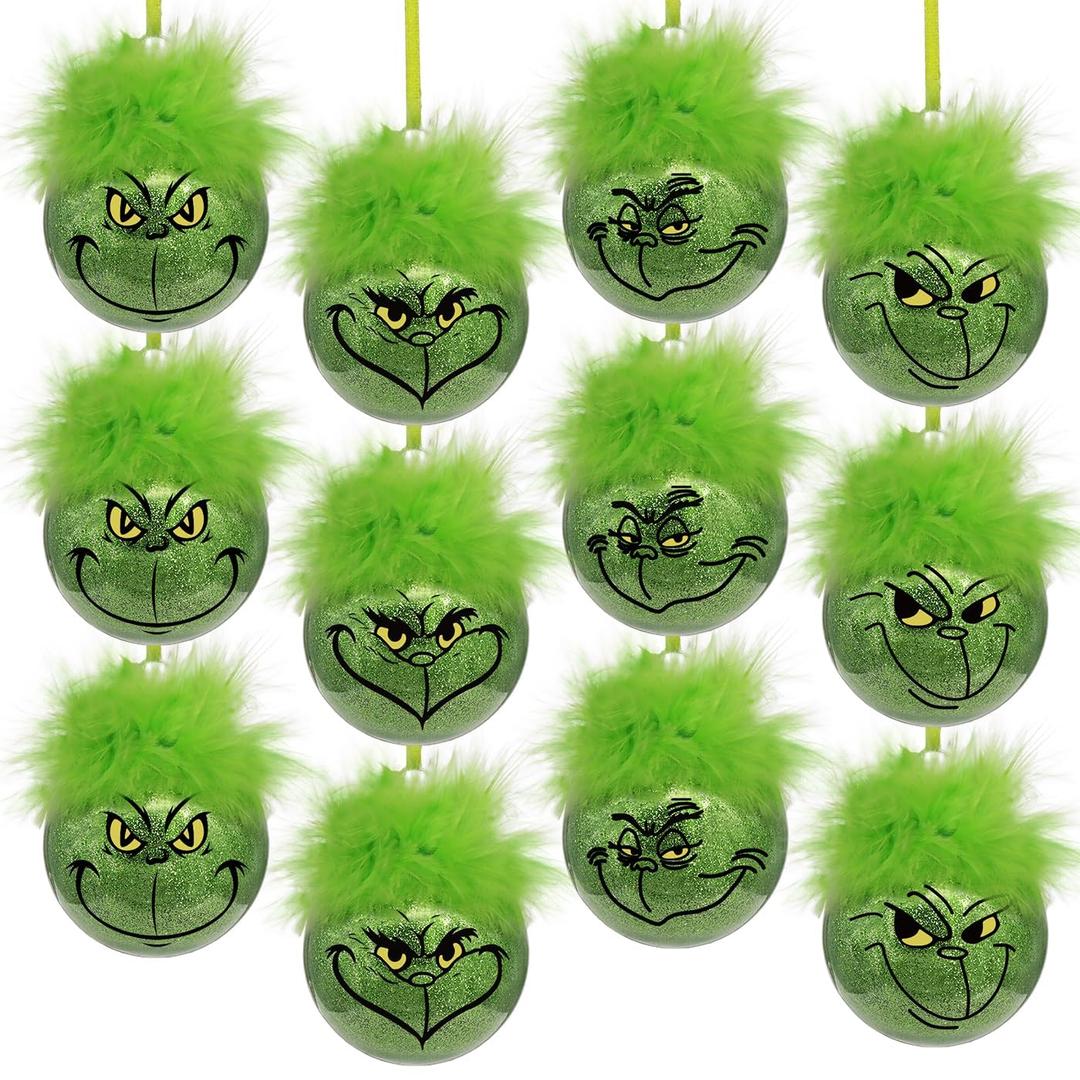 Christmas Decorations Indoor: 12pcs Cute Green Elf Christmas Tree Ornaments with Fuzzy Hair, Hanging Thief Monster Xmas Balls for Tree Fireplaces Garland, Kids Home School Office Decor