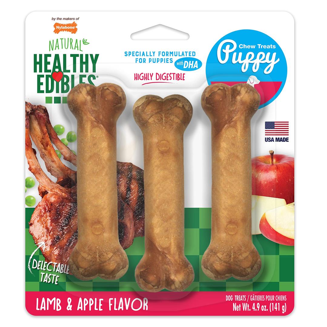 Nylabone Healthy Edibles Natural Puppy Chews Long Lasting Treats for Puppies, Lamb & Apple Flavor, Small/Regular (3 Count)