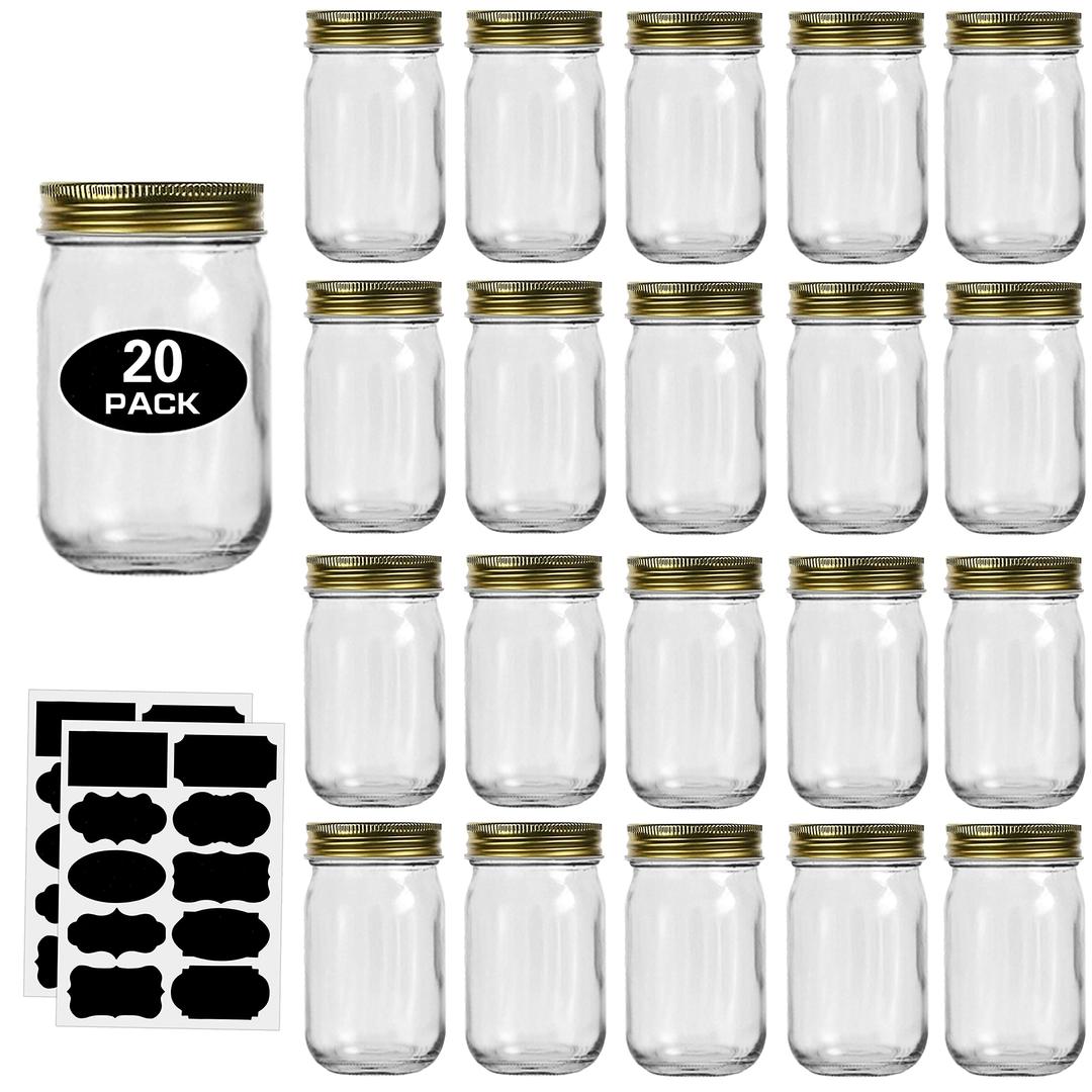 12oz Glass Jars With Lids Regular Mouth 20 Pack -Mason Jars 12 oz For Crafts, Meal Prep, Canning Jars For Food Storage Frascos De Vidrio Con Tapa Para Conservas-with 20 Chalkboard Stickers-Gold Lid