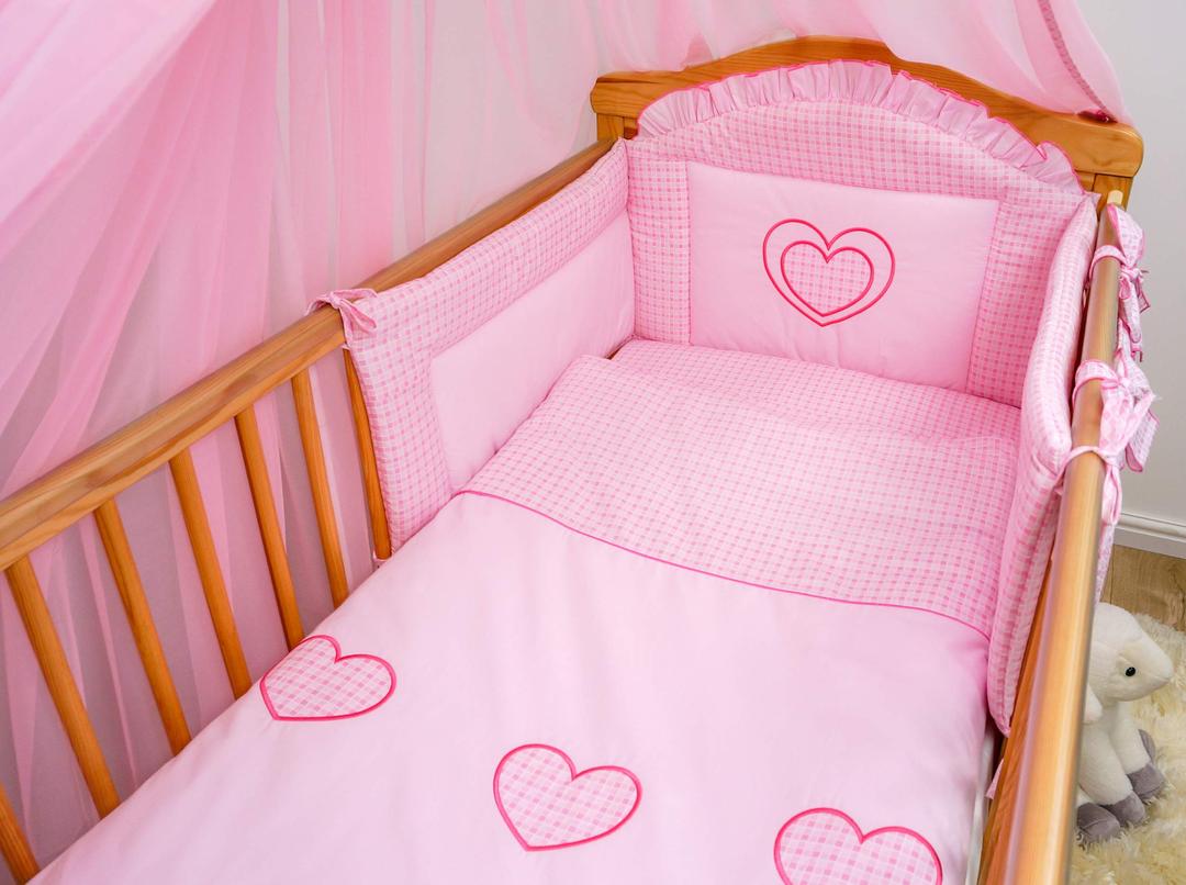 3 Piece Baby Bedding Set (to Fit Cot or Cot Bed) Embroidered - Hearts (COT 120 x 60cm, Pink)