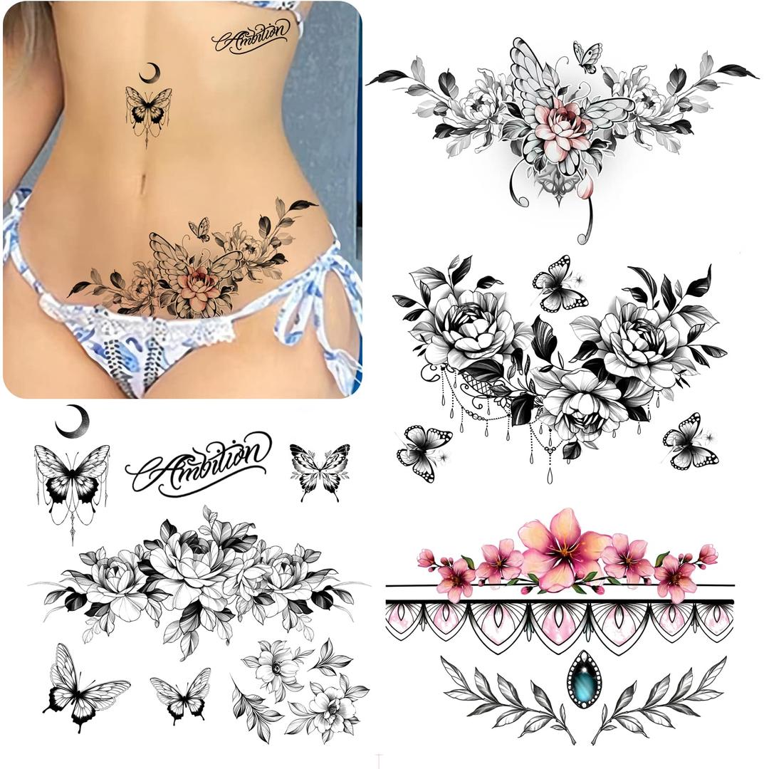 ROARHOWL sexy temporary tattoos for women,sexy tattoo kit, beautiful and exquisite,3D realistic flowers, butterflies, abdomen, chest, waist and back apply false tattoos for girl (Design 3)