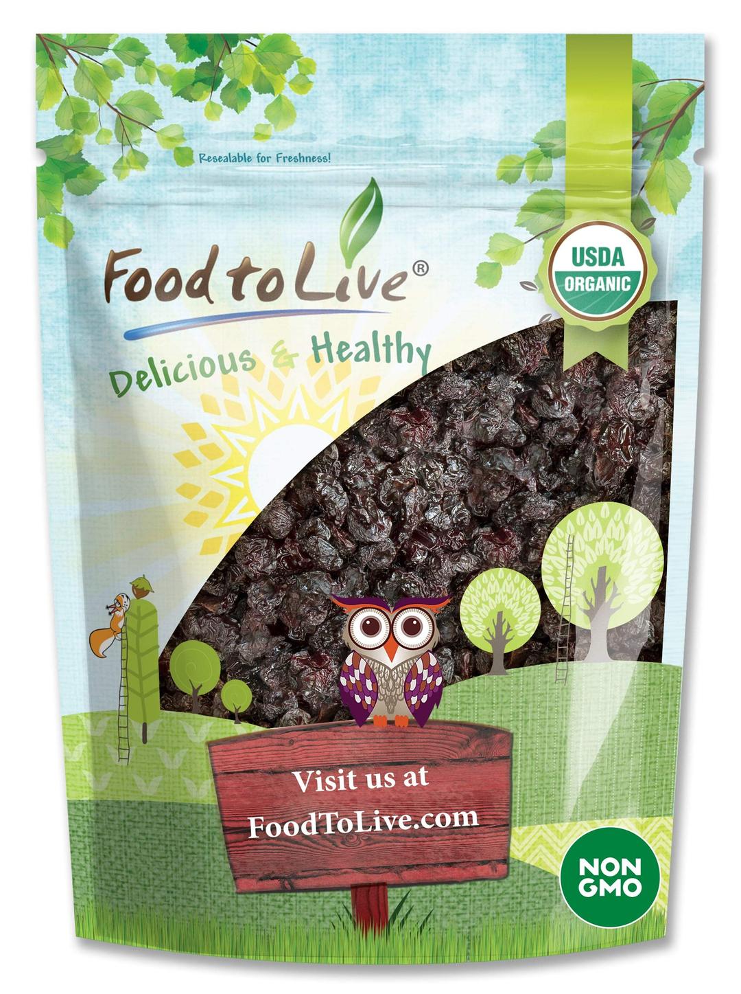 Food to Live Organic Dried Sour Cherries, 2 Pounds - Pitted Cherry Fruit, Non-GMO, Raw, Sun-Dried, Unsweetened, Unsulfured, No Oil Added, Vegan, Kosher, Bulk. Prunus Cerasus.