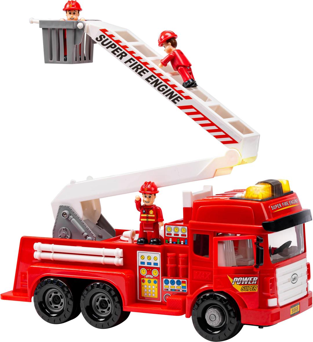 FUNERICA Large Fire Truck Toy with Lights and Sounds - Doors That Open - Big Folding Ladder - 7 Toy Figures and Firemen - Red Firetruck Engine for Toddlers and Kids