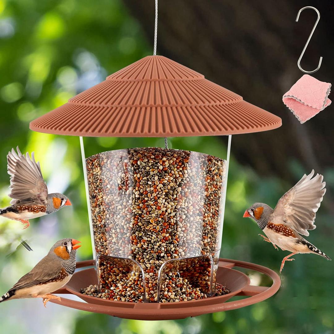 Azonee Hanging Bird Feeder, Outdoor Bird Feeder with Round Roof, 40Oz Large Capacity Outside Bird Feeder, Squirrel Proof Wild Bird Feeder for Yard, Garden and Balcony (Brown)