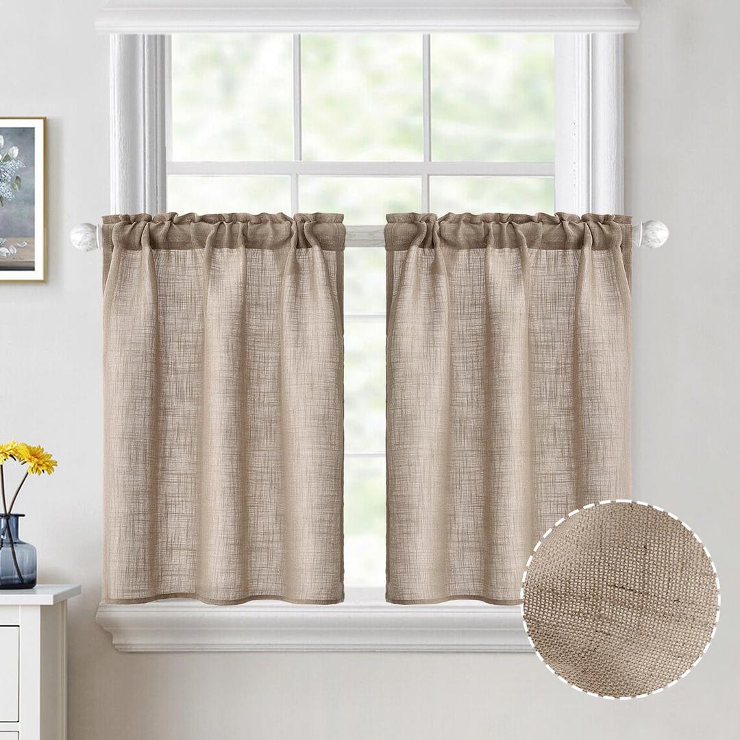 MIULEE Cafe Curtains 30 Inch Length Semi Sheer Short Kitchen Window Curtain Over Sink, Small Country Rustic Linen Curtains for Bathroom Basement, Rod Pocket Tier Curtains 2 Panels W26XL30, Taupe