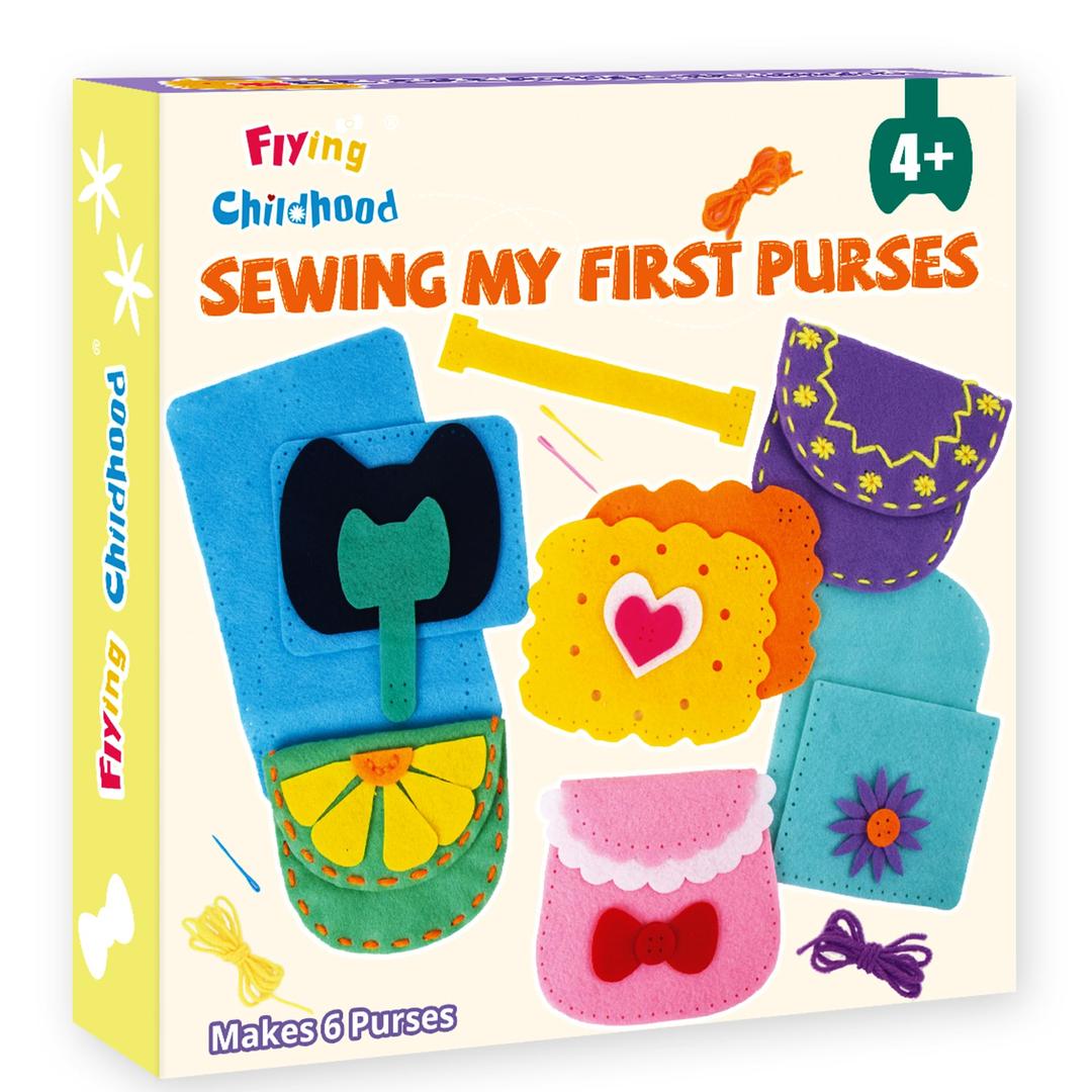 Flying Childhood My First Sewing Purses Kit, Arts and Crafts for Kids DIY 6 Easy Sewing Handbag Pouch Projects for Beginners, Felt Embroidery, Gifts for Girls Boys