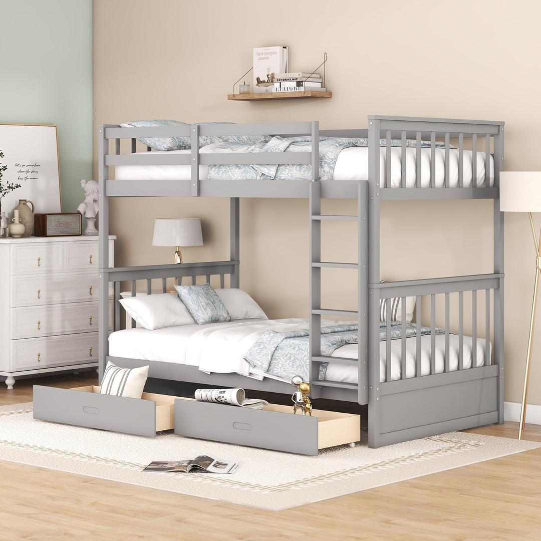 Merax Wood Bunk Bed with Drawers,Convertible Wood Bunk Bed with Ladders and Two Storage Drawers,Solid Wood Detachable Bunk Bed Frame with Ladders,Twin Over Twin Size,Grey