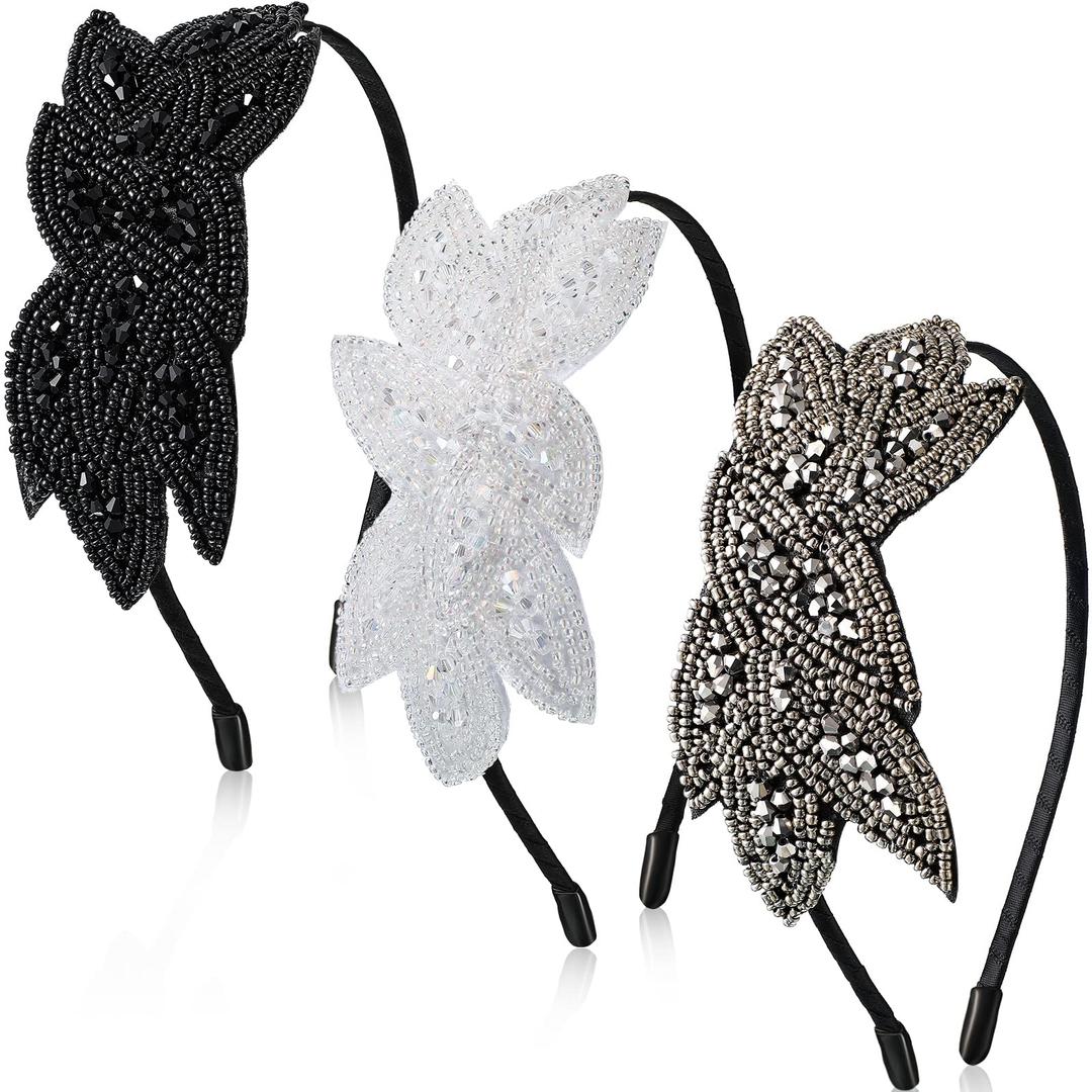 Jutom1920s Headbands for Women 3 Pieces Black Flapper Headpiece Beaded Leaf 1920s Accessories Valentines