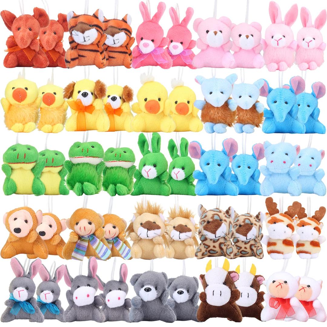 48 Pieces Mini Plush Animals Toys Set, Small Stuffed Animal Keychain Set for Valentine Gift,Easter Egg Filter,Carnival Prizes, Classroom Rewards, Goody Bags Filler,Party Favors