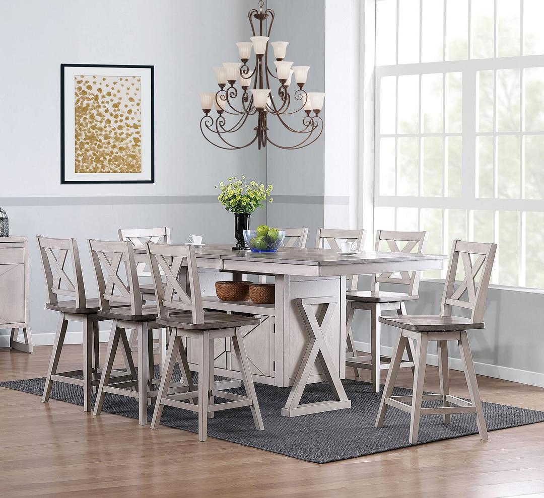 Pilaster Designs Indoor Home Decorative Furniture Figaro 9 Piece Counter Height Storage Dining Set, Wash Gray Wood (Table, 8 Chairs)