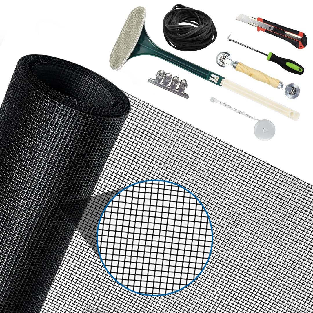 Jeyew Window Screen with Full Set Repair Kit, Fiberglass Window Mesh Screen with Window Cleaning Tool, Screen Repair Kit for Windows or Doors, Window Screen Replacement, (48'' x 117'', Black)