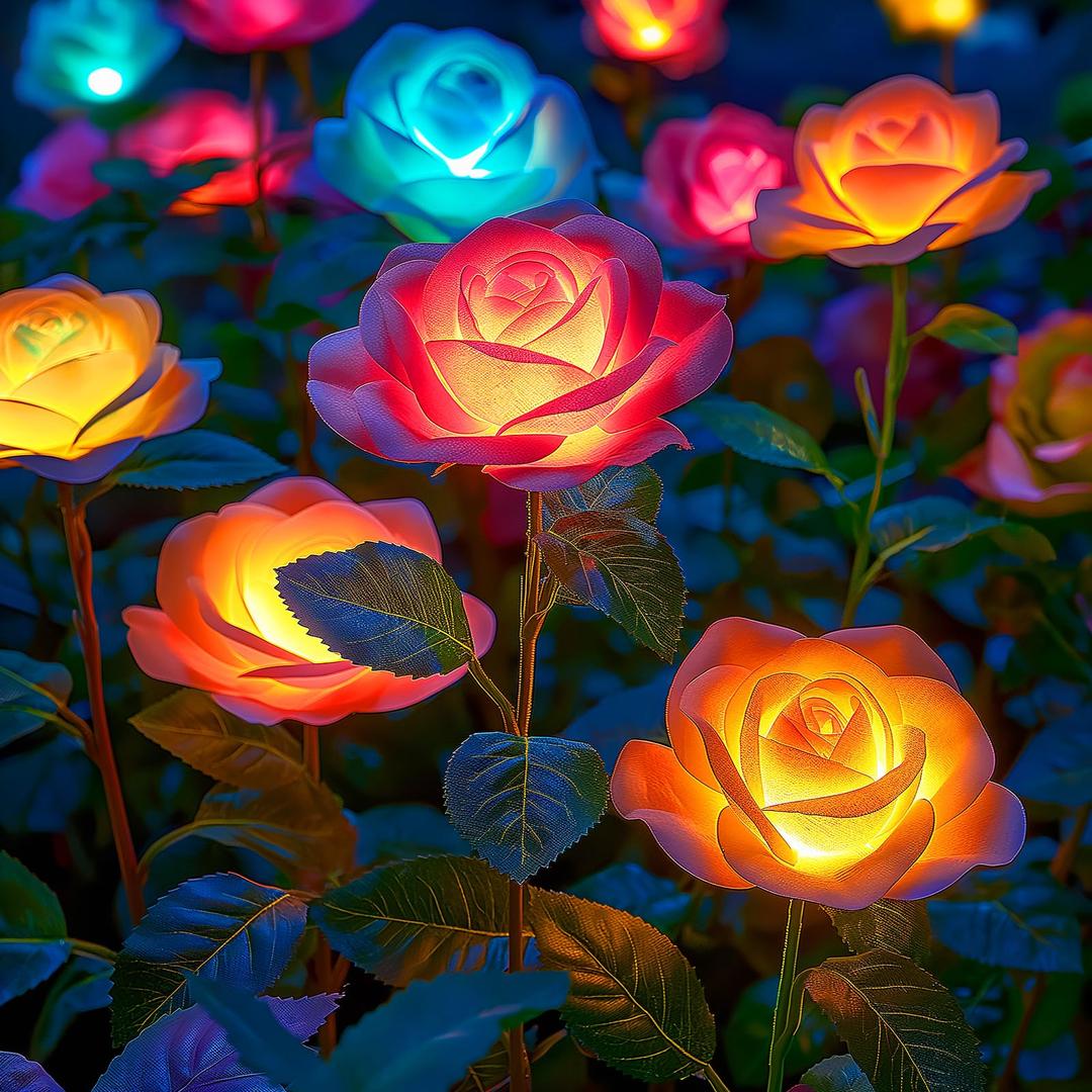 Solar Garden Lights Outdoor, 4 Pack Solar Lights Outdoor with 20 Rose Flowers, Waterproof 7 Color Changing Solar Powered Flowers Lights for Outside Patio Yard Pathway