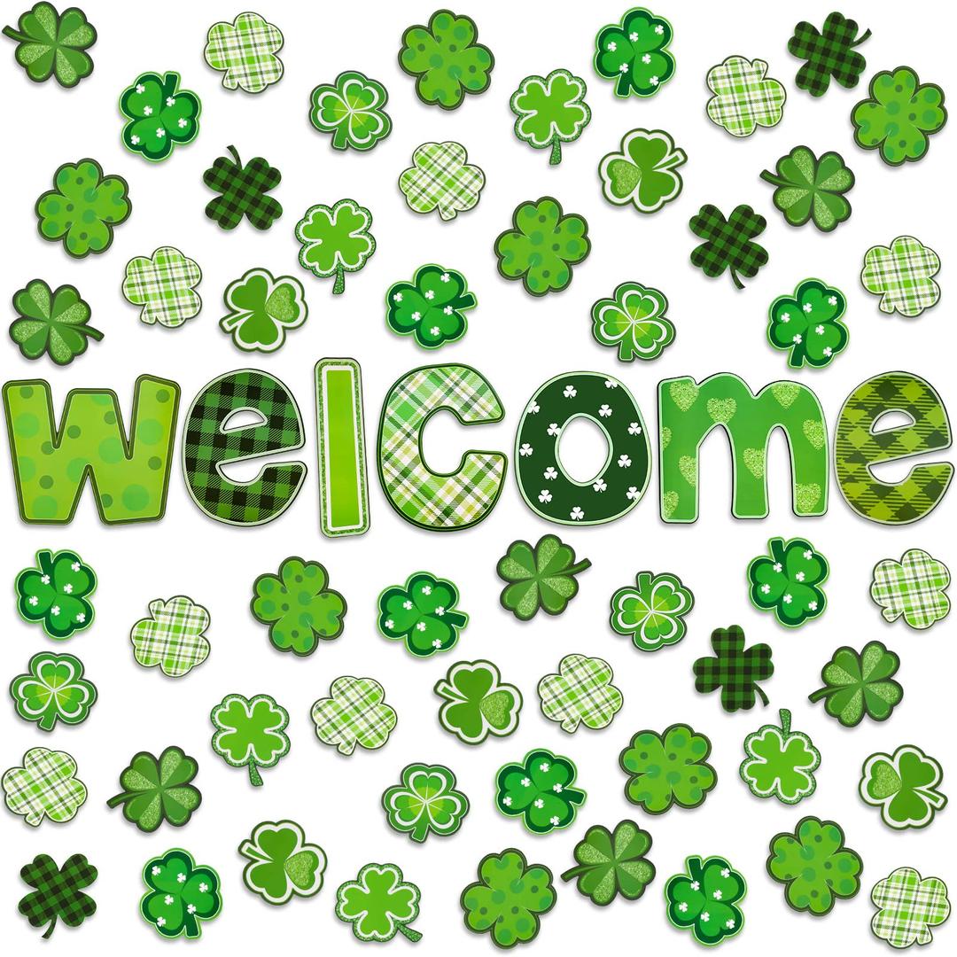 67 Pcs St. Patrick's Day Welcome Classroom Bulletin Board Decor Welcome Back to School Theme Decor Shamrock Cutouts Welcome Cutouts for St. Patrick's Day Chalkboards Wall Decor (Shamrock)