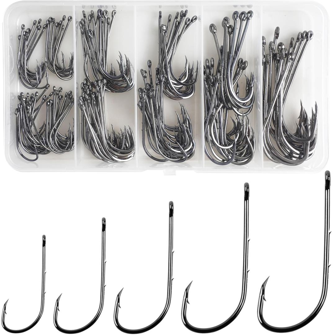 150pcs Bait Holder Fishing Hooks Barbed Shank Beak Baitholder Hooks Long Shank Hooks Bait Keep Black Offset Fishing J Hooks