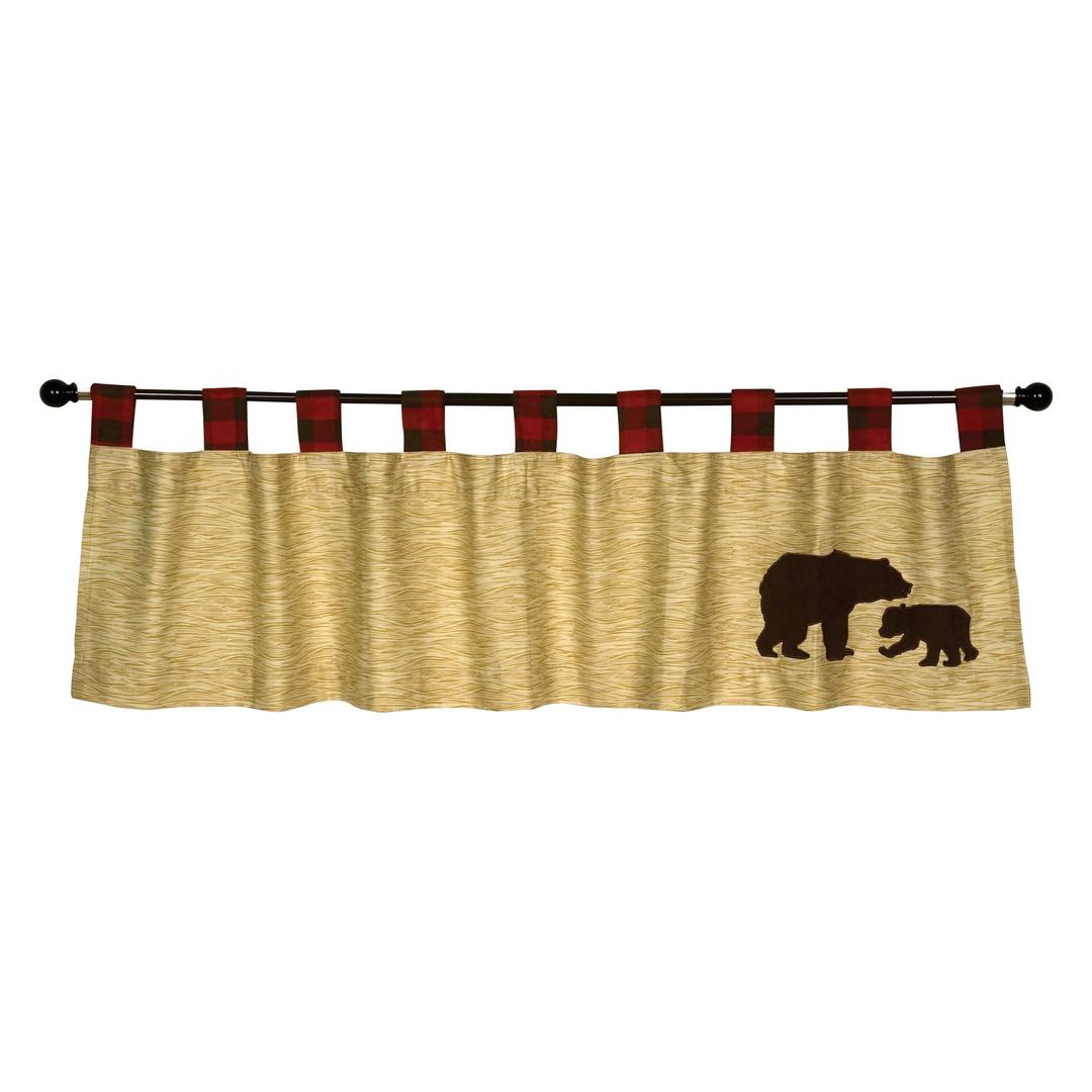 Northwoods Window Valance - Woodgrain Body, Buffalo Check Tabs, Tab Top, Bear Appliques, Tan, Red and Brown, 56 in x 15 in