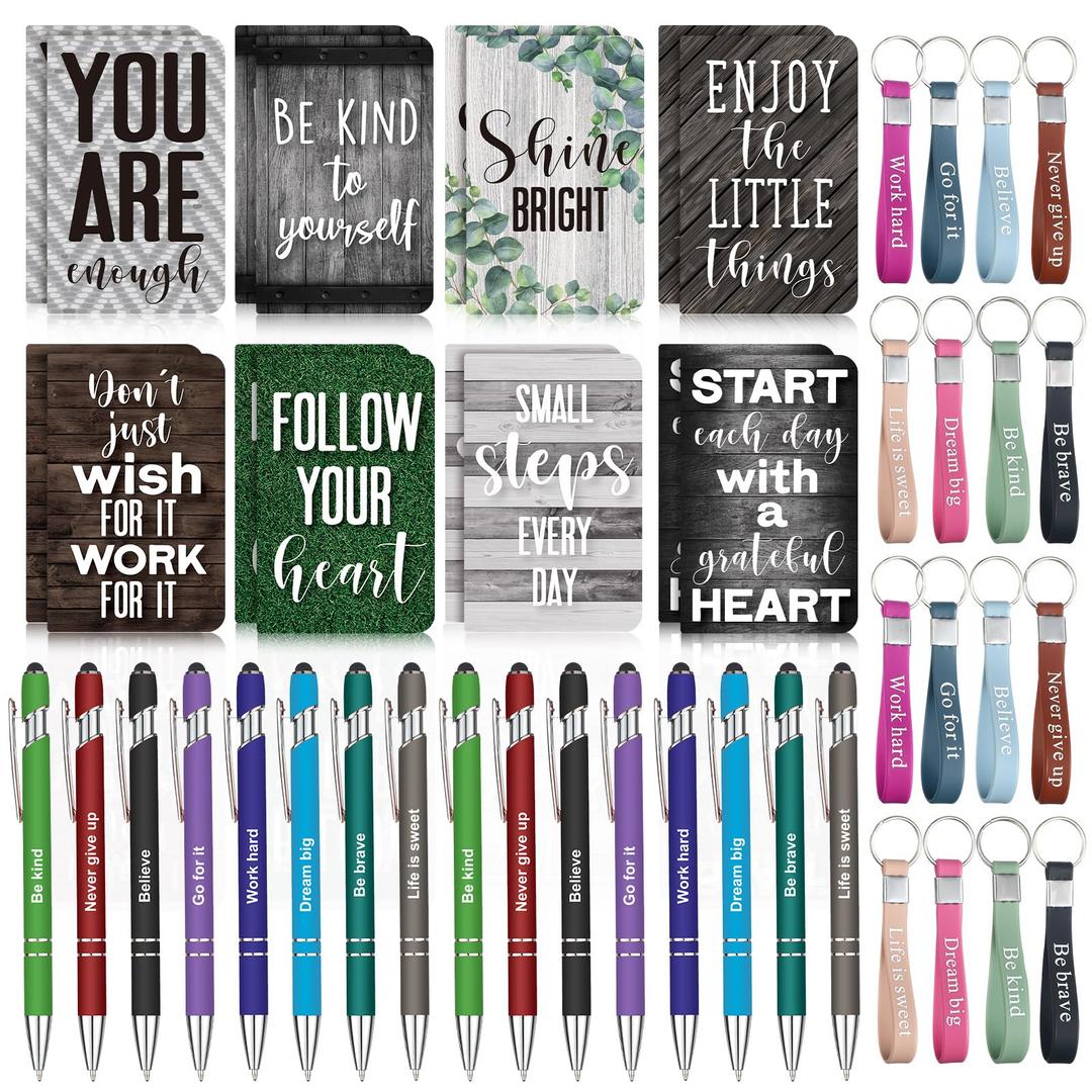 PerKoop 48 Pcs Inspirational Gifts Bulk Motivational Notepads Ballpoint Pens Keychains Set Modern Farmhouse Journal Notebooks Christian Gifts for Teachers School Office Party Favor Supplies