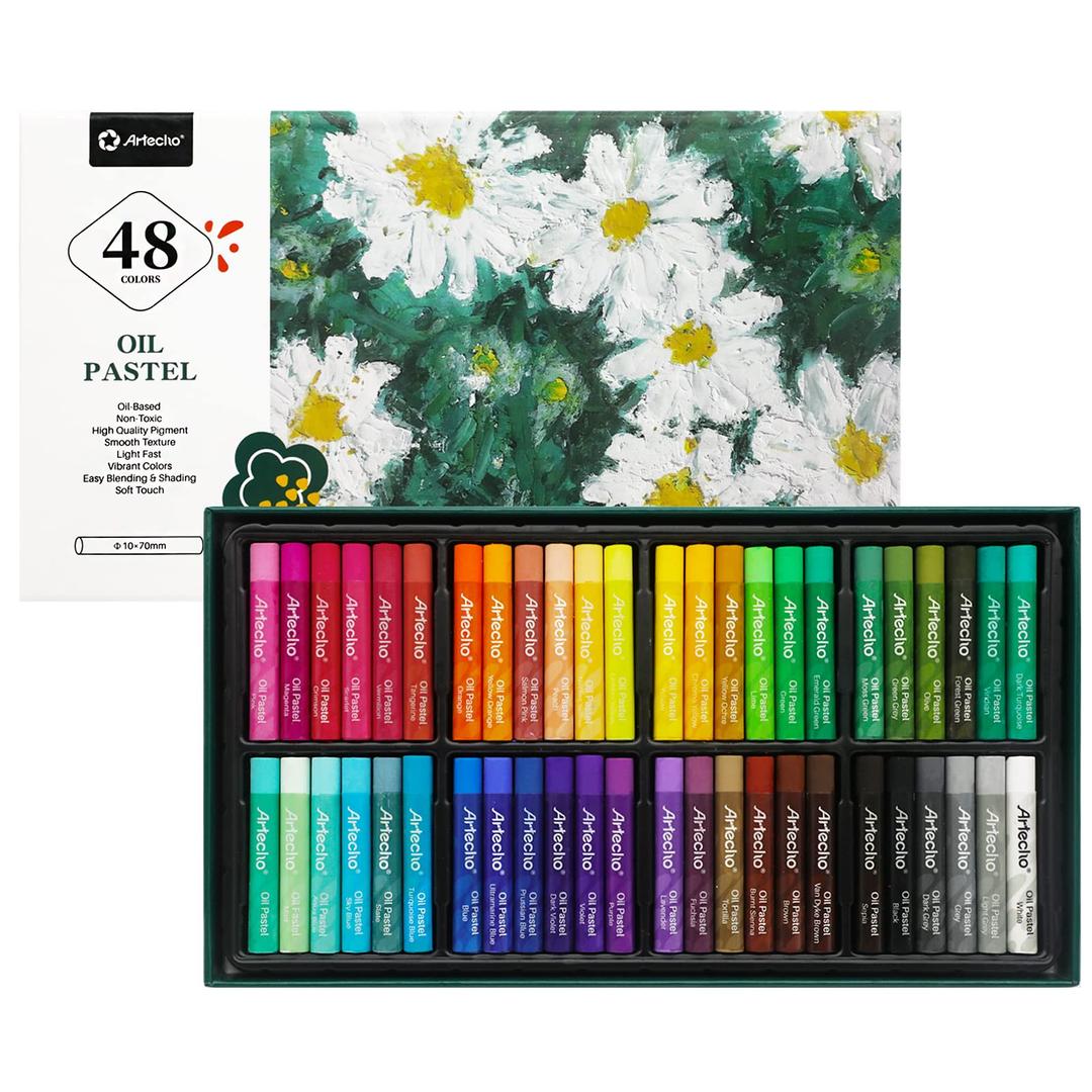 Artecho Oil Pastels Set of 48 Colors, Soft Oil Pastels for Art Painting, Drawing, Blending, Oil Crayons Pastels Art Supplies for Artists, Beginners, Students, Teachers (10 x 70 mm)