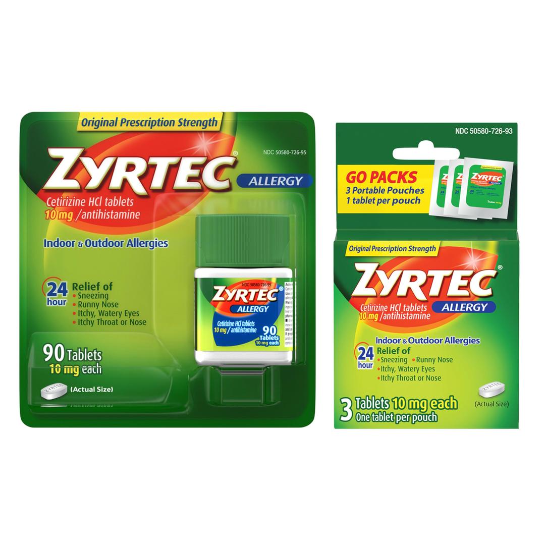 Zyrtec 24 Hour Allergy Relief Tablets, Indoor and Outdoor Allergy Medicine with 10 mg Cetirizine HCl per Antihistamine Tablet, Value Pack, 90 ct + 3 ct Travel Packs