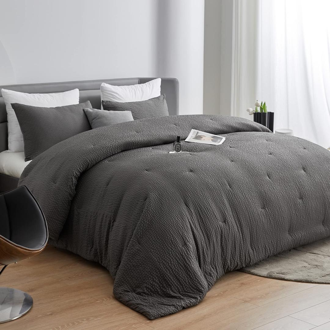 HOMBYS 3 Piece Seersucker Oversized King Comforter Set 120x120, Breathable Grey Soft Comforter Set, Lightweight Bedding Comforter Sets with Comforter for All Season