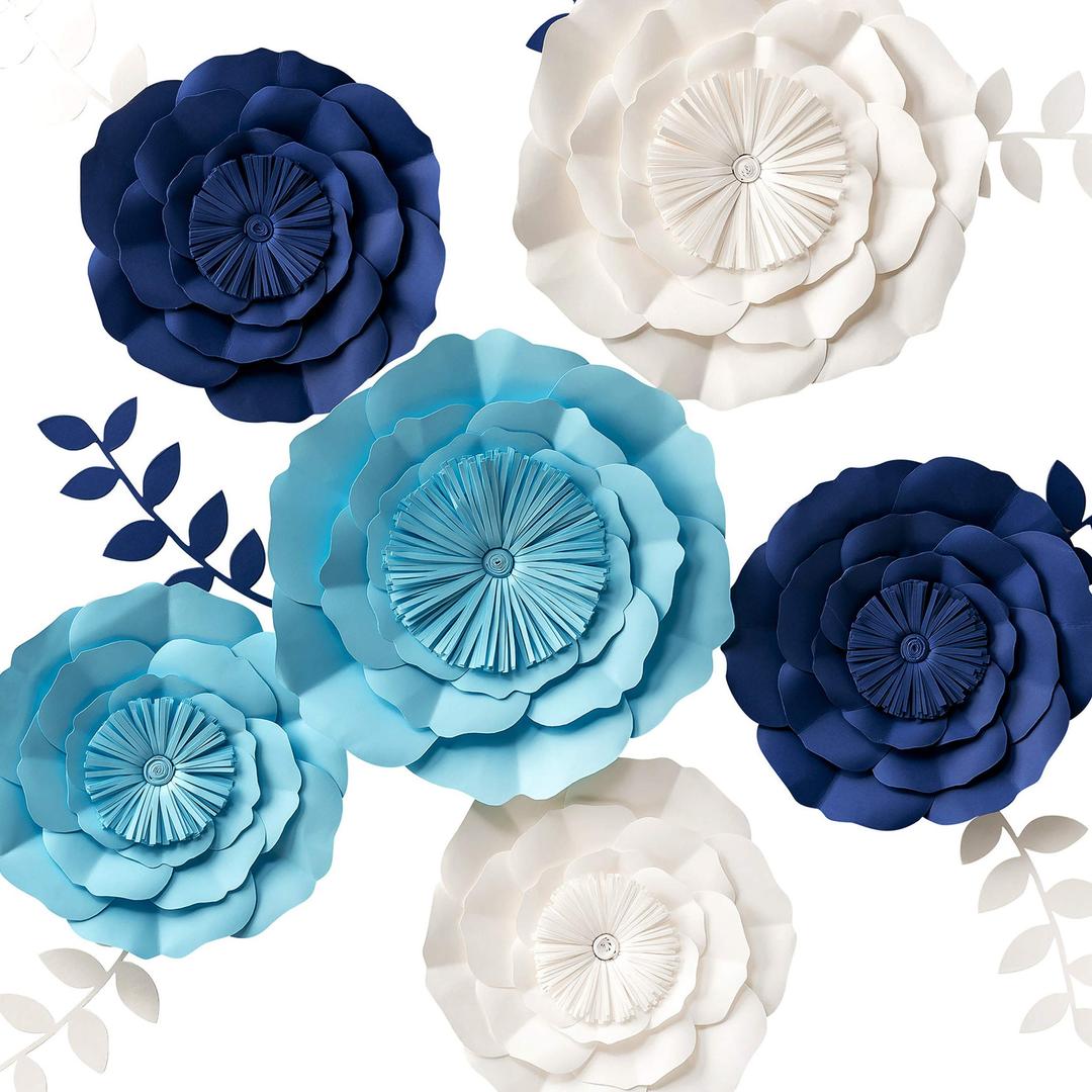 3D Paper Flowers Decorations, Giant Paper Flowers, Large Handcrafted Paper Flowers (Navy Blue, Beige, Aqua Blue, Set of 6) for Wedding, Bridal Shower, Baby Shower, Nursery Wall Decor