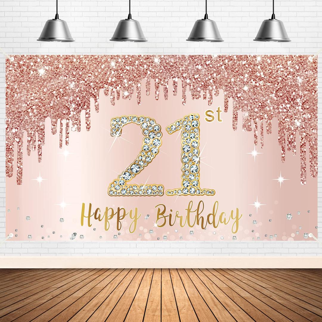 Sweet 21th Birthday Banner Backdrop Decorations for Women Girls, Rose Gold 21 Birthday Party Sign Supplies, Pink 21 Years Old Birthday Poster Background Photo Booth Props Decor…