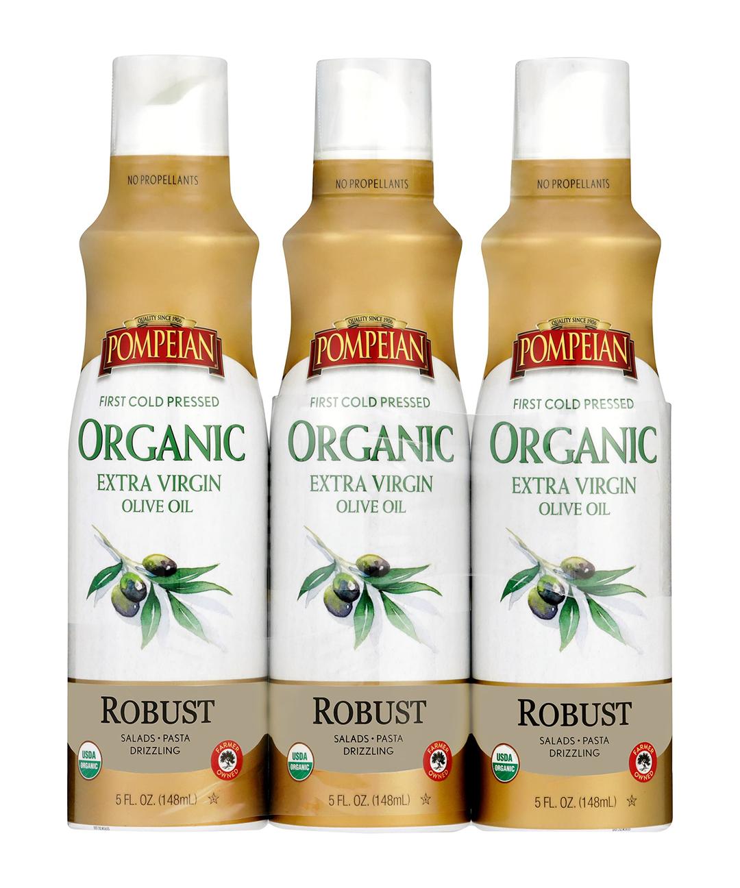 PompeianUSDA Organic Extra Virgin Olive Oil Non-Stick Cooking Spray, Full-Bodied, Perfect for Salads & Pasta, Naturally Gluten Free, Non-Allergenic, Non-GMO, No Propellant, 5 FL. OZ., 3-Pack