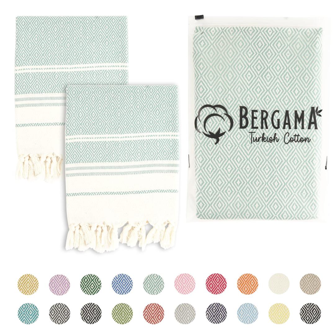 Bergama Turkish Cotton Hand Towels for Bathroom, Set of 2 |%100 Cotton, 18x36 Inches, Farmhouse Decorative Boho Gift for Face, Hand, Hair, Bath Decor, Tea, Gym, Yoga, Dish & Kitchen (Teal Blue)