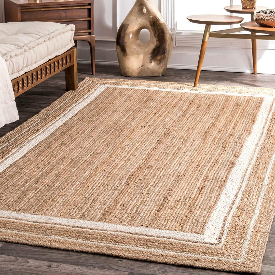 Ripaz Jute Rug Natural with Off-White Line Handmade Braided Bisat Aljut Area Rug (5 x 8 Feet (150 x 240 cm))