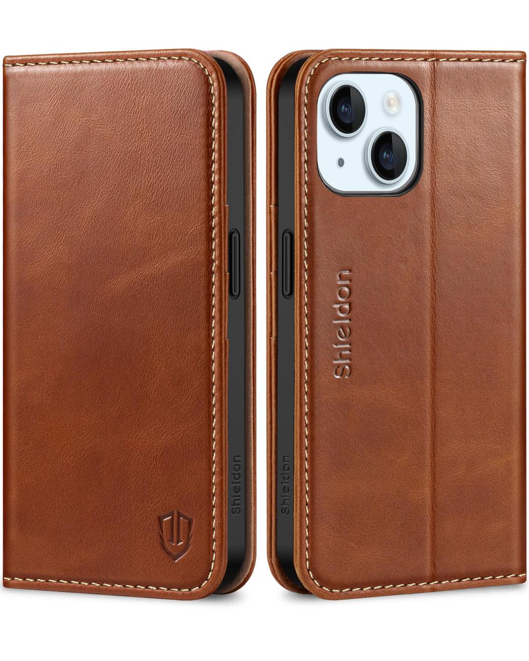 SHIELDON Case for iPhone 15 5G 2023, Genuine Leather iPhone 15 Wallet Book Case Magnetic RFID Blocking Credit Card Holder Kickstand Shock Absorbing Case Compatible with iPhone 15 6.1" - Retro Brown