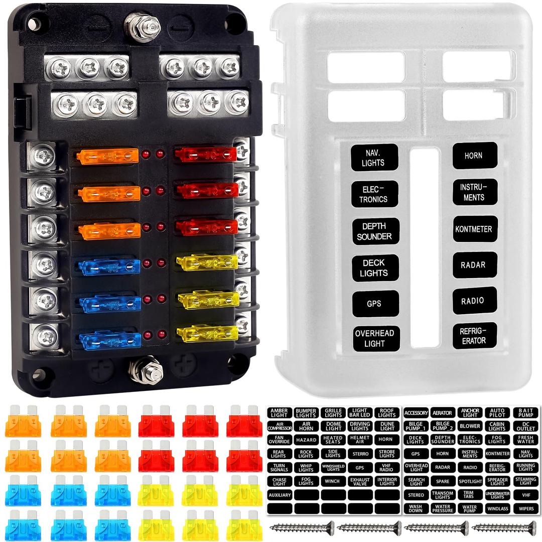 Fuse Block, 12v Fuse Box Holder with Led Indicator Waterproof Cover, Cyrico 12 Circuits Fuse Panel with Negative Bus for 12V/24V Automotive Car Truck Boat Marine Rv Trailer, 24 Pcs Blade Fuses