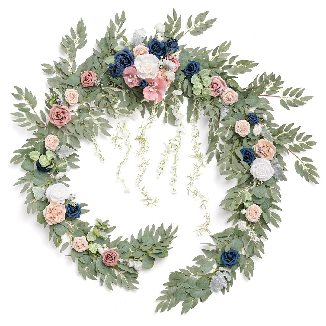 Ling's MomentLing's Moment 9FT Eucalyptus and Willow Leaf Garland with White Flower, Handcrafted Wedding Sweetheart Table Centerpieces Head Table Decor Arch Backdrop Decorations for Wedding | Dusty Rose & Navy