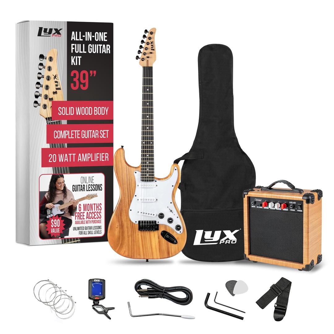 LyxPro Electric Guitar 39" inch Full Beginner Starter kit Full Size with 20w Amp, Package Includes All Accessories, Digital Tuner, Strings, Picks, Tremolo Bar, Shoulder Strap, and Case Bag - Natural