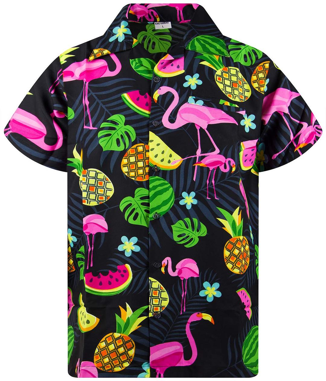 King KamehaHawaiian Shirt Men Fruit-Designs Regular-Shirt Short-Sleeve, Flamingo-Melon, Black, XL