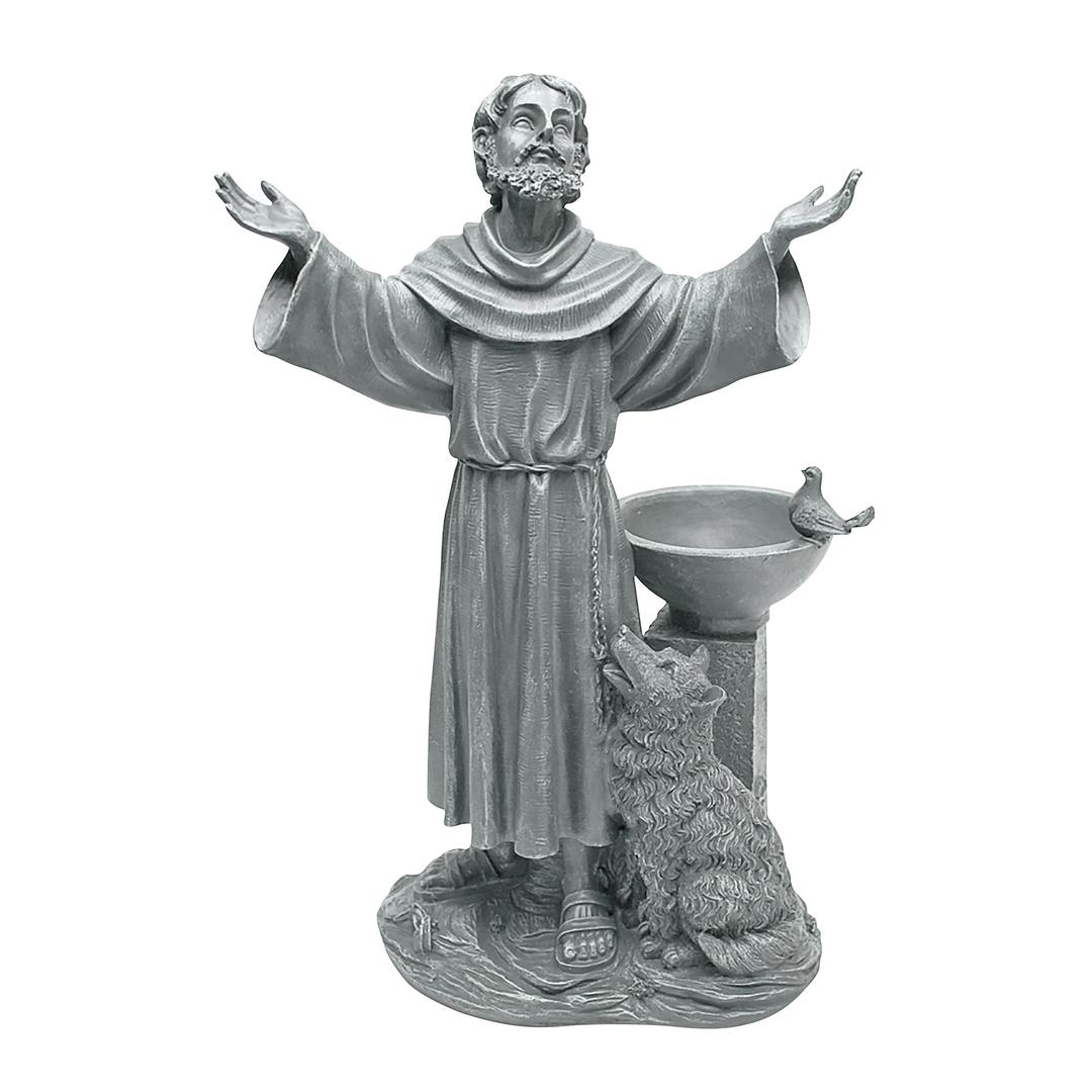 Design Toscano JE14106 St. Francis' Blessing Religious Garden Decor Statue with Bird Bath Bird Feeder, 48 cm, Polyresin, Greystone, Green