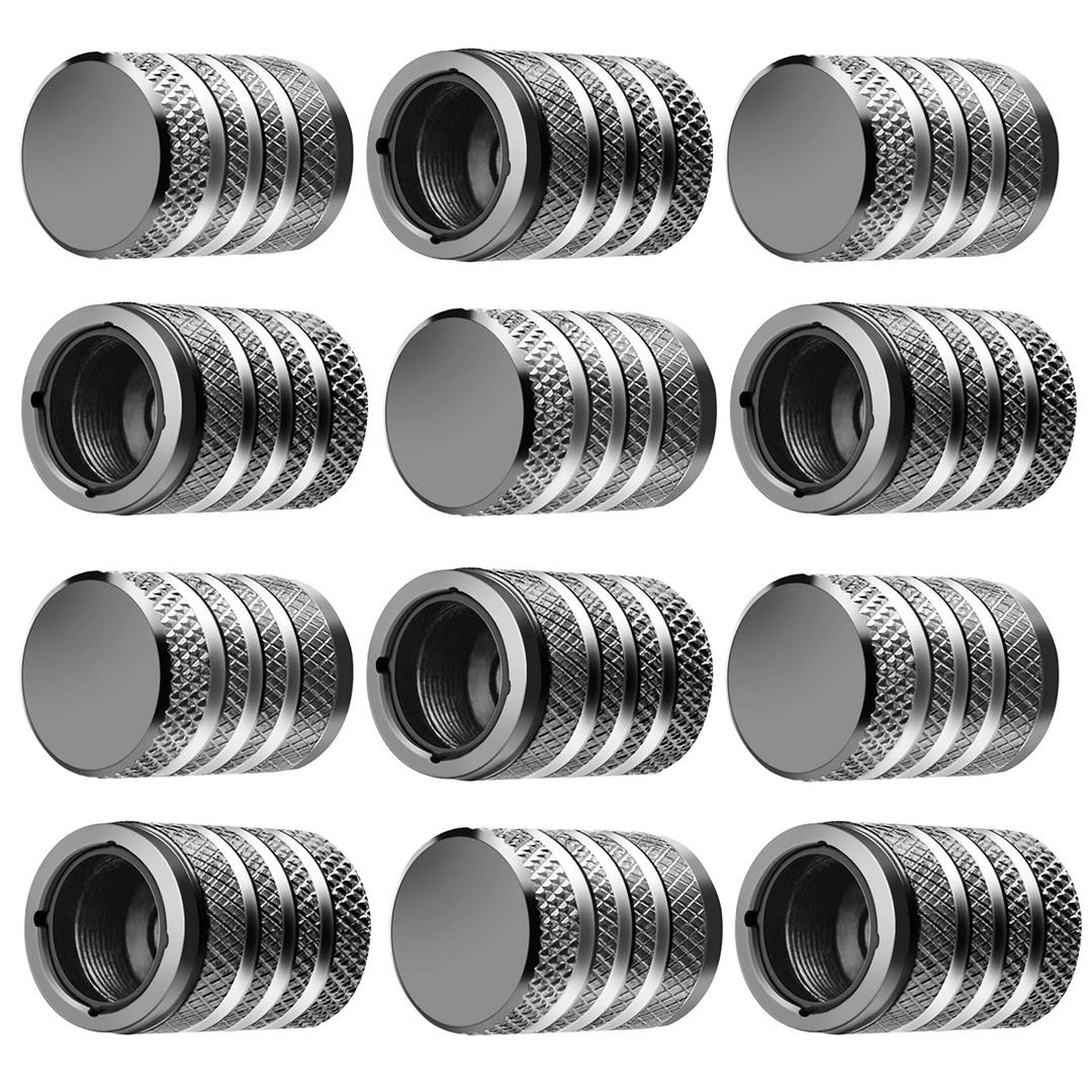 Tire Valve Stem Cap Cover - (12 Pack) Tire Air Caps Metal with Plastic Liner Corrosion Resistant Leak-Proof for Car Truck Motorcycle SUV and Bike Grey