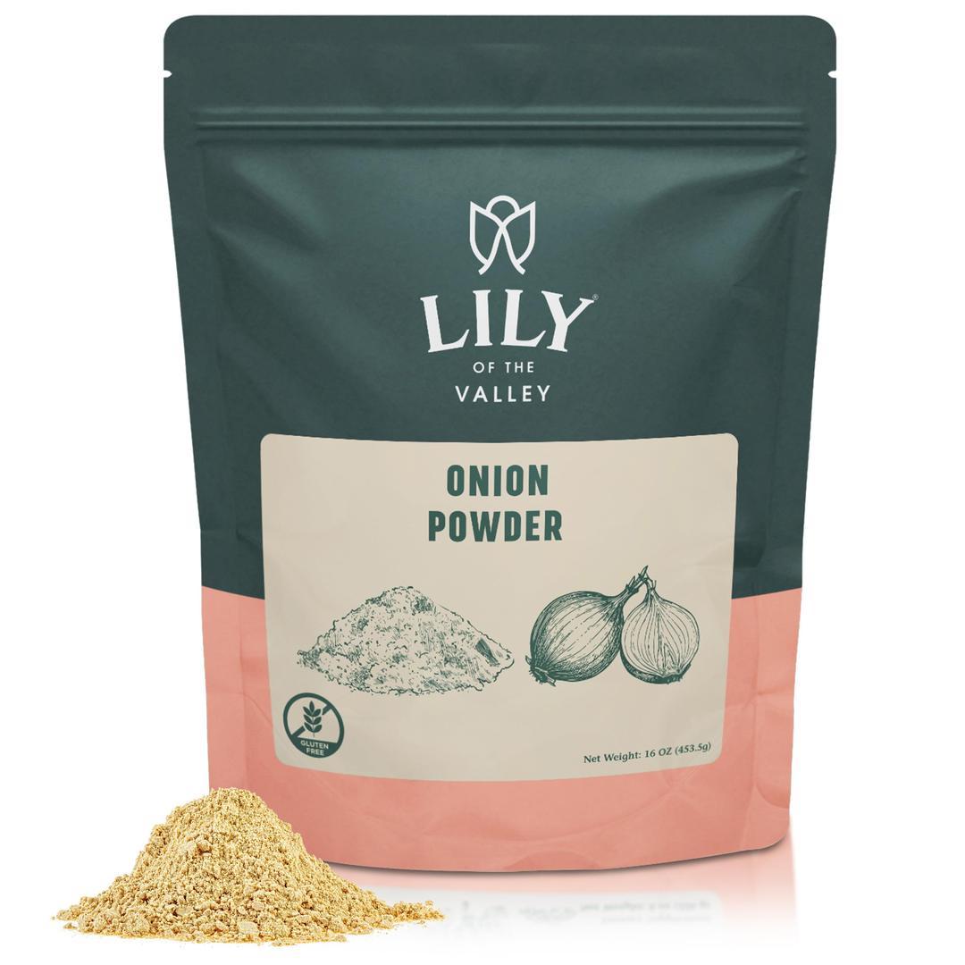 LILY OF THE VALLEYOnion Powder - Seasoning from Real Onions - Perfect for Sauces, Gravies, Soups or Dips - 100% Raw Sourced from India - Vegan & Gluten-Free - Packed in Resealable Pouch (16oz, 453g)- Package May Vary